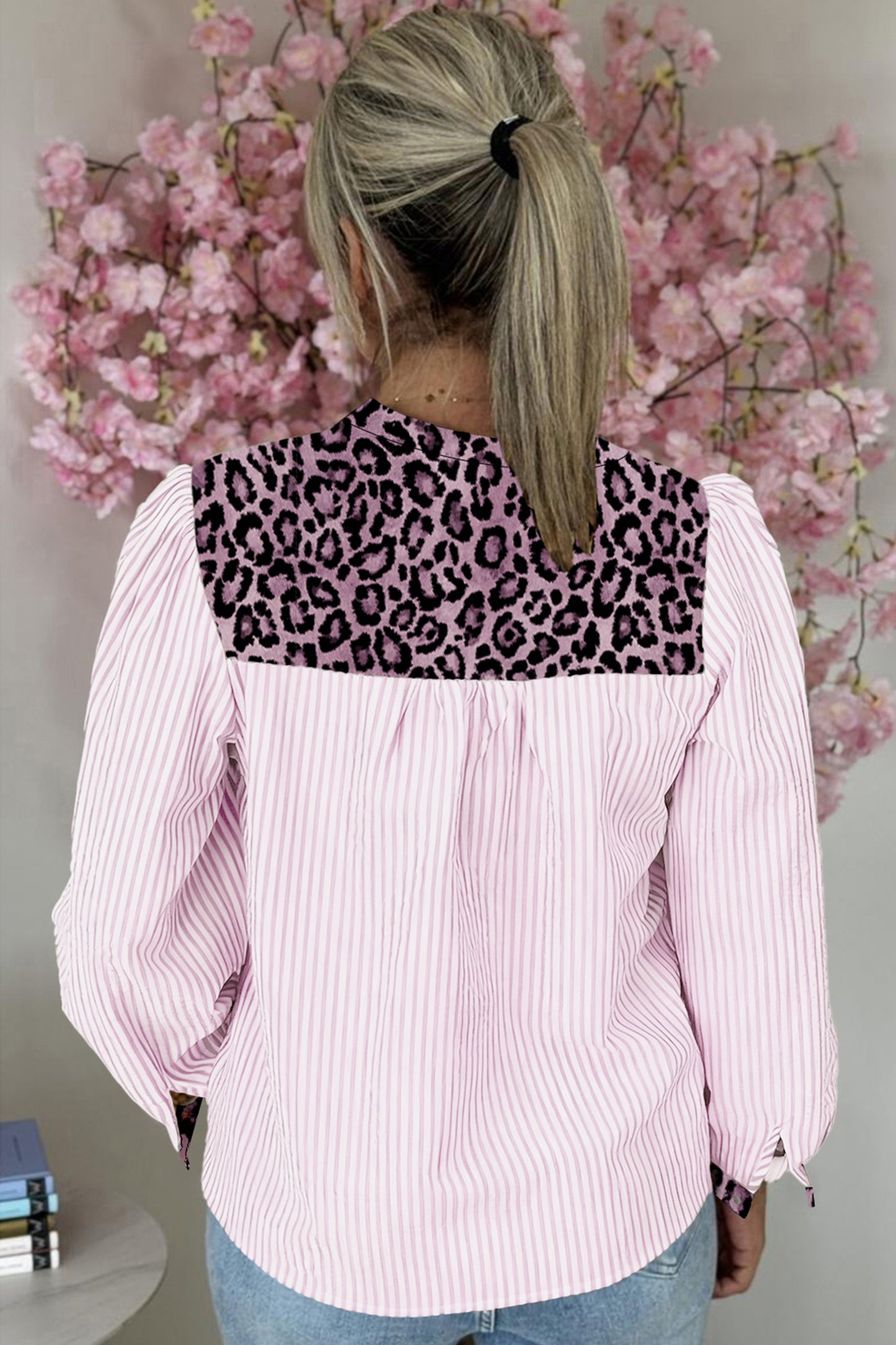 Pink Stripe Leopard Patchwork Long Sleeve Shirt