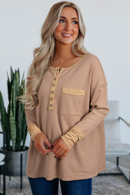 Dark Khaki Color Block Waffle Textured Tunic Henley Top with Slits