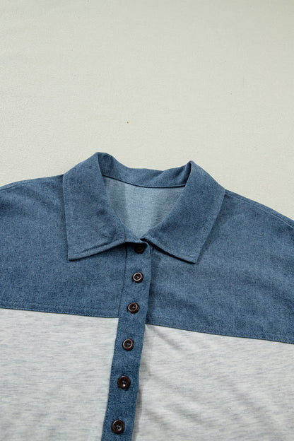 Light Grey Color Block Denim Patchwork Button Polo Collar Short Sleeve Top