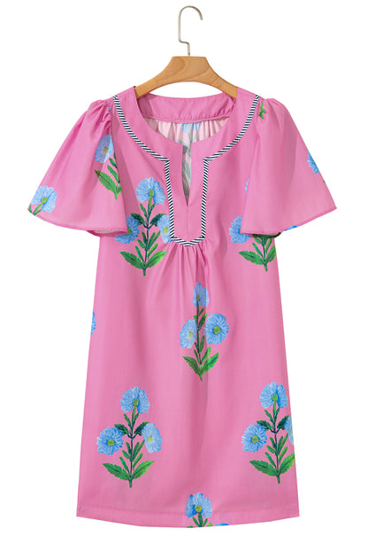 Rose Floral Short Sleeve Split Neck Loose Mini Dress