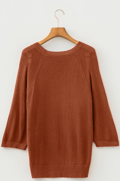 Coffee Ribbed Knit Round Neck Short Sleeve Sweater