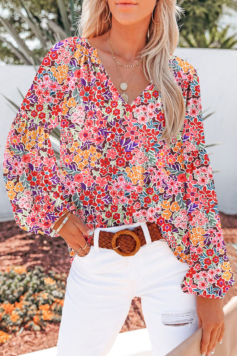 Orange Floral Print V Neck Long Puff Sleeve Top