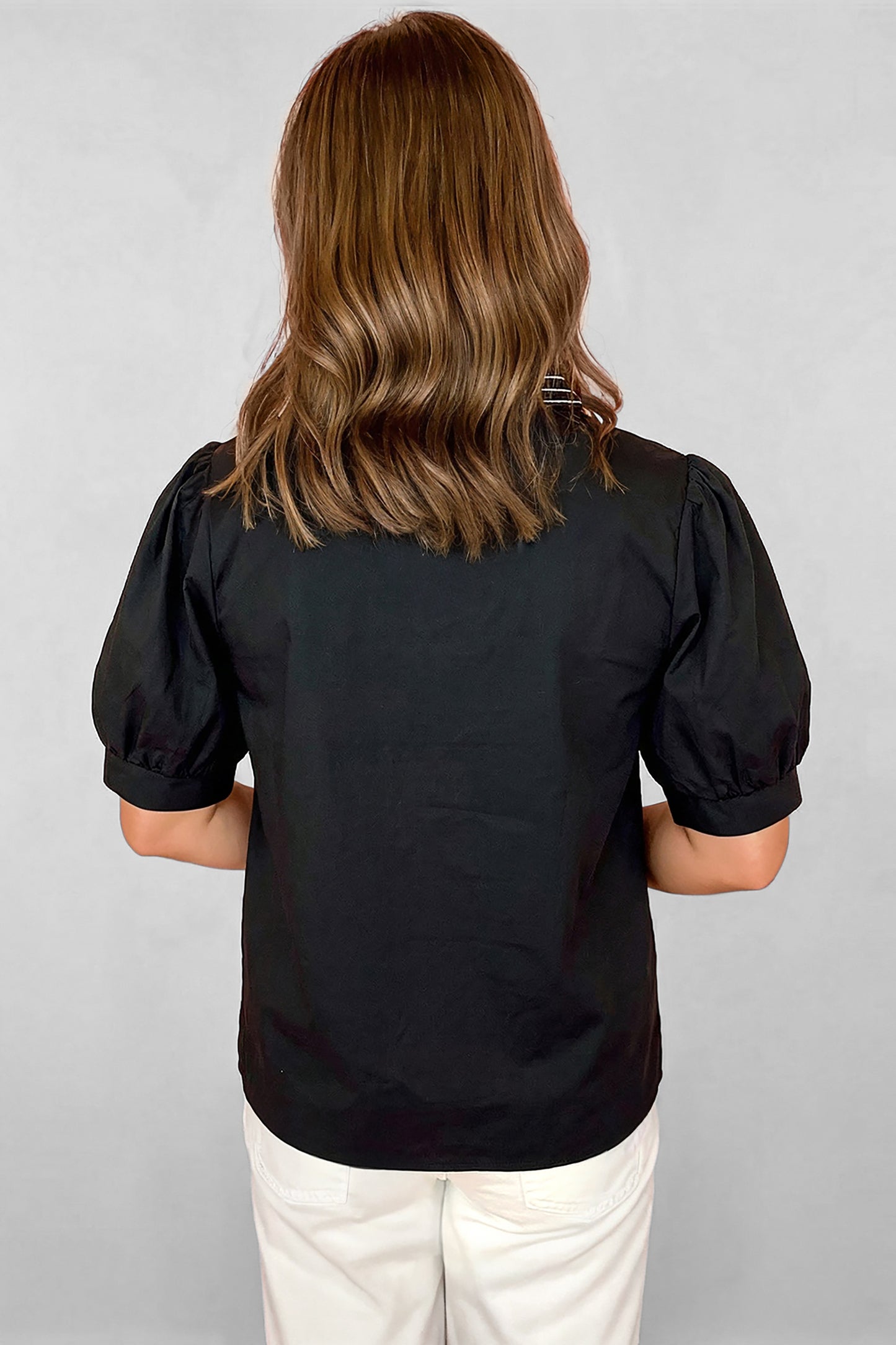 Black Short Puff Sleeve Contrast Embroidered Detail V Neck Blouse