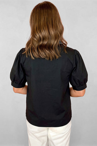 Black Short Puff Sleeve Contrast Embroidered Detail V Neck Blouse