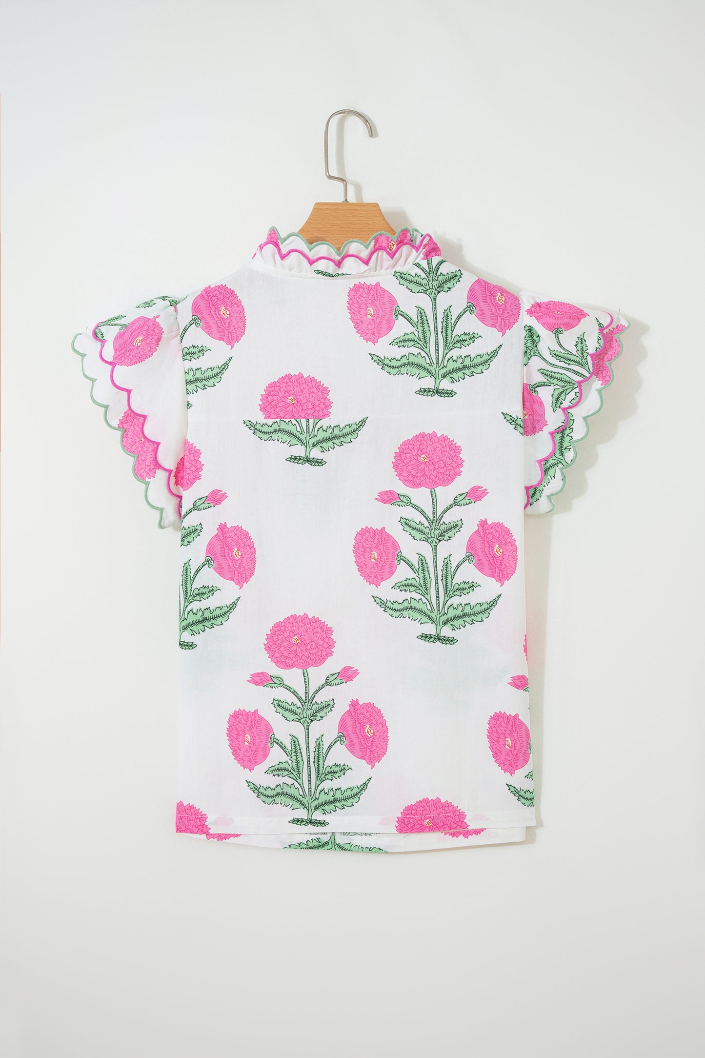 Pink Wild Flower Print Contrast Trim Scallop Detail Short Sleeve Blouse