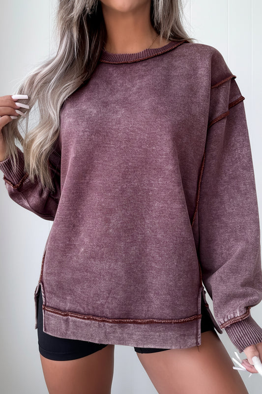 Red Sandalwood Mineral Wash Exposed Seam Side Slit Sweatshirt