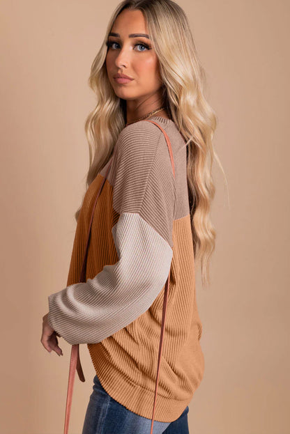 Multicolor Color Block Long Sleeve Ribbed Loose Top