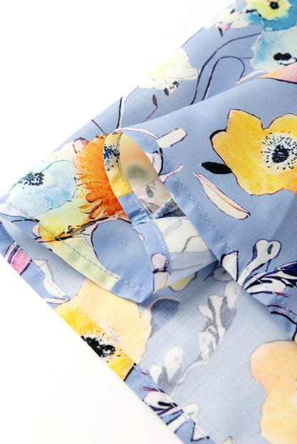 Sky Blue Flutter Sleeve V Neck Floral Top