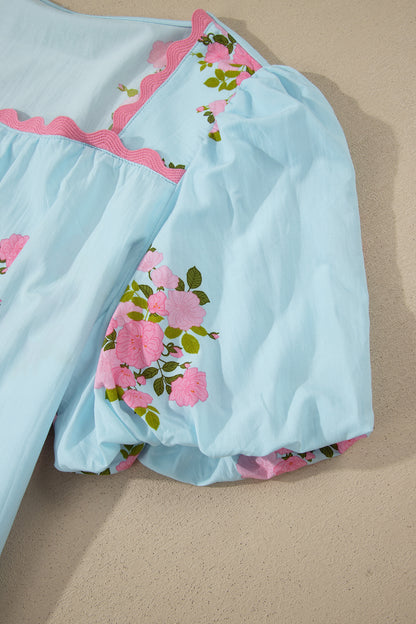 Sky Blue Floral Printed Contrast Ricrac Detail Bubble Sleeve Blouse