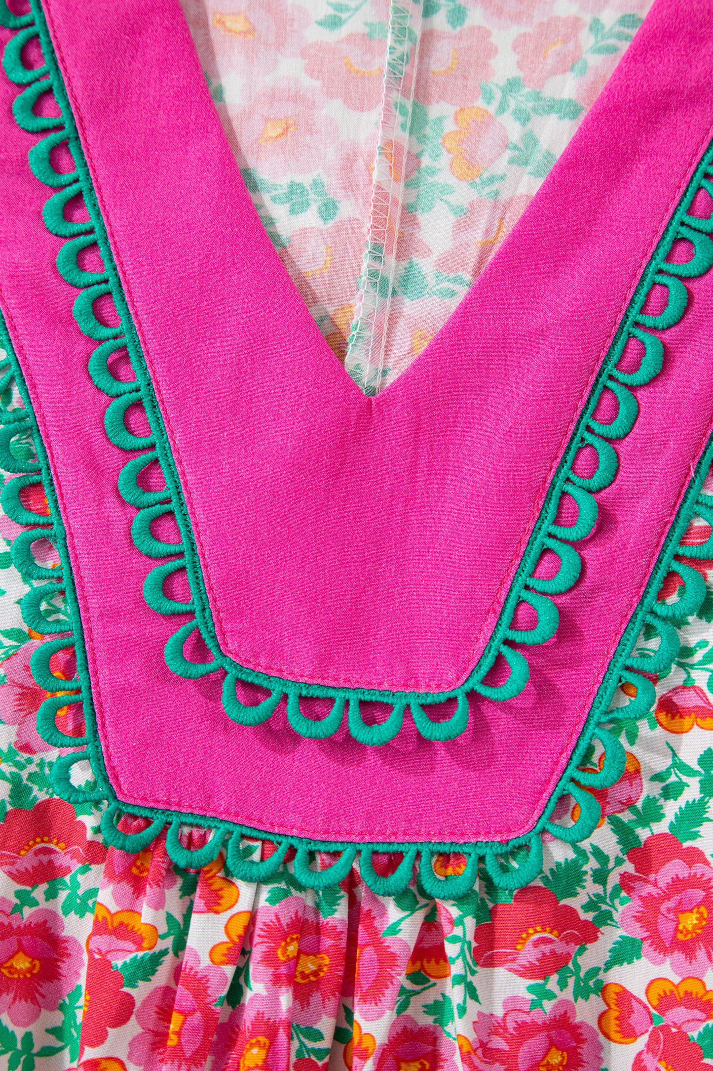 Pink Floral Print V Neck Patchwork Short Bubble Sleeve Mini Dress