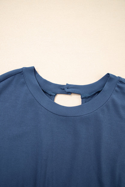 Ashleigh Blue Knit Open Back Cap Sleeve Drawstring Romper