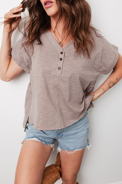 Khaki Stripe Buttoned V Neck High Low Side Slit T Shirt