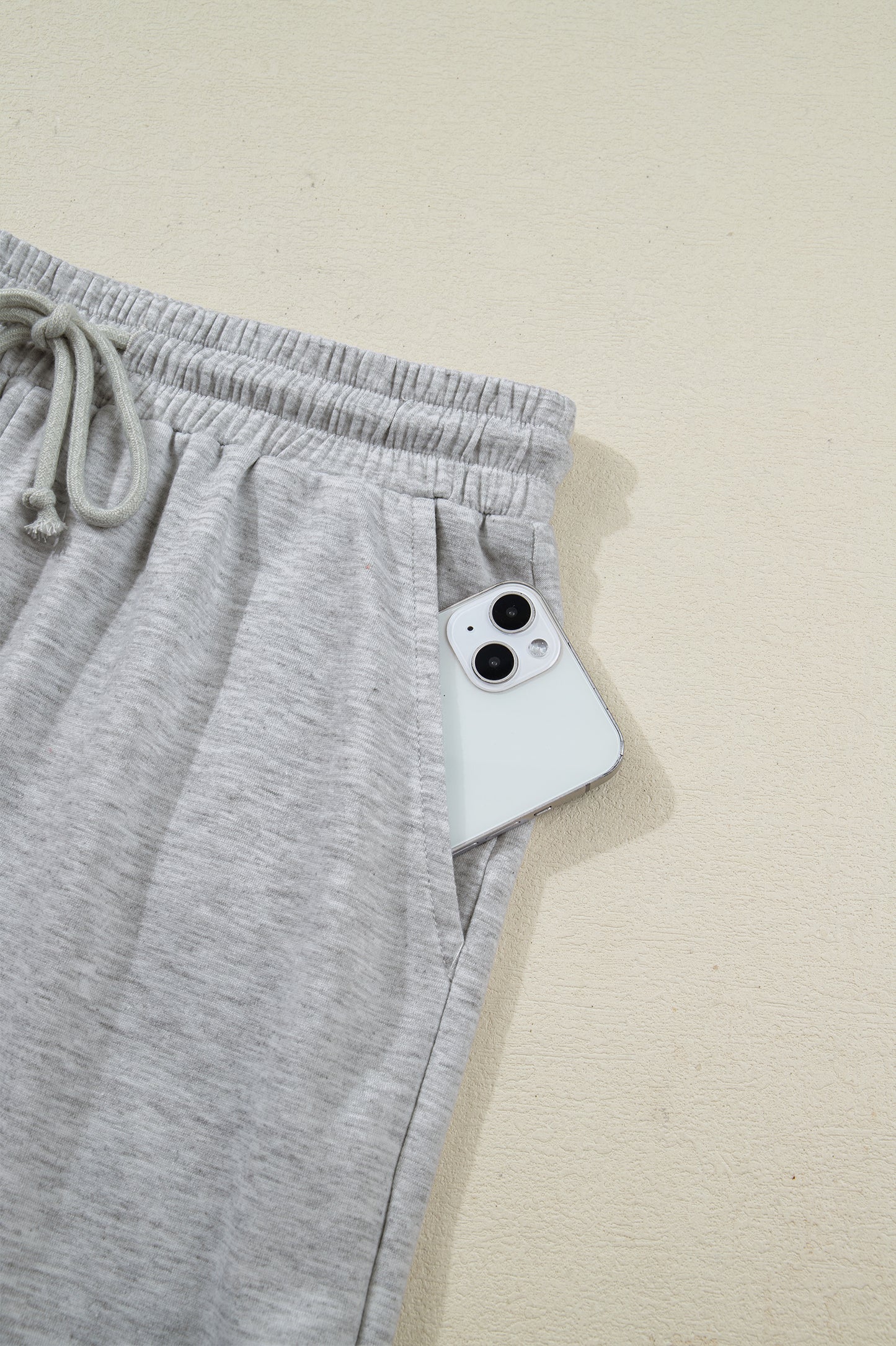 Light Grey Collared V Neck Tee Drawstring Elastic Waist Shorts 2pcs Outfit