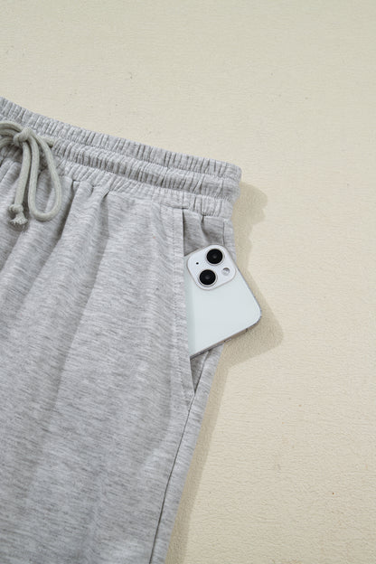 Light Grey Collared V Neck Tee Drawstring Elastic Waist Shorts 2pcs Outfit