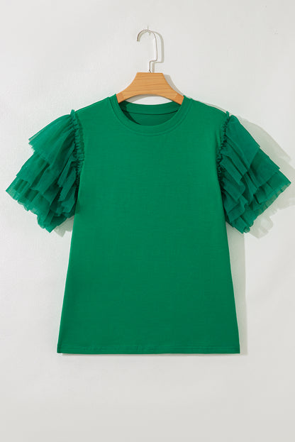 Dark Green Tulle Ruffle Sleeve Blouse