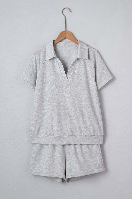 Light Grey Collared V Neck Tee Drawstring Elastic Waist Shorts 2pcs Outfit