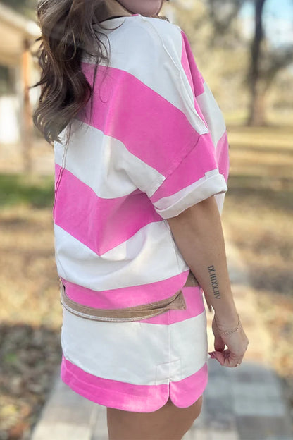 Rose Stripe Colorblock Trim Polo Tee Drawstring Mini Skort 2pcs Set