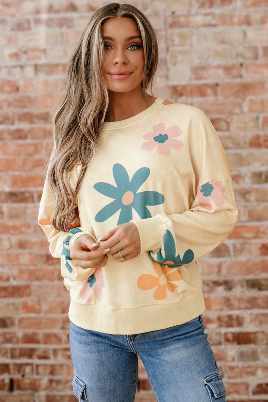 Khaki Mineral Washed French Terry Flower Print Sweatshirt