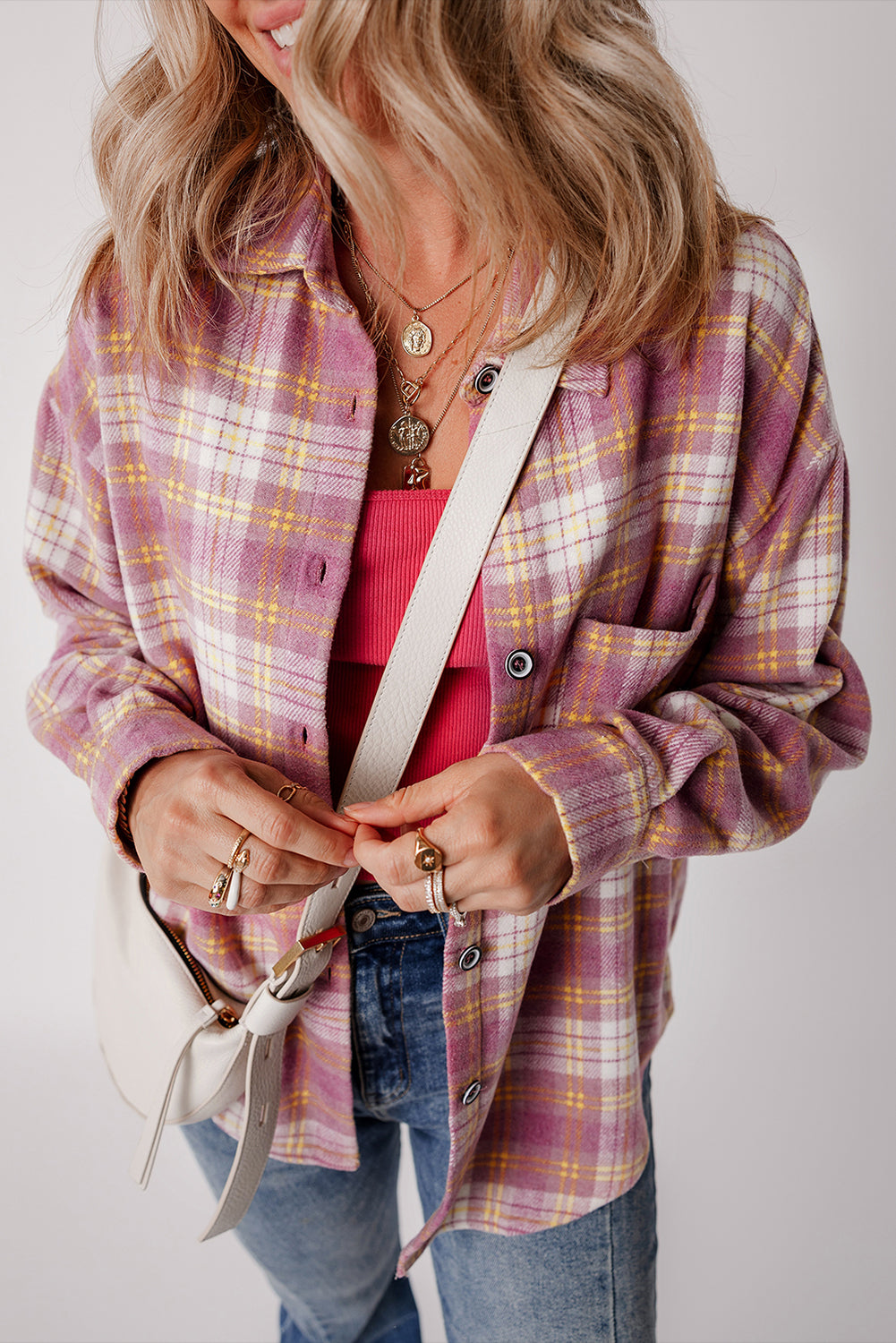 Pink Plaid Print Chest Pocket Long Sleeve Shacket