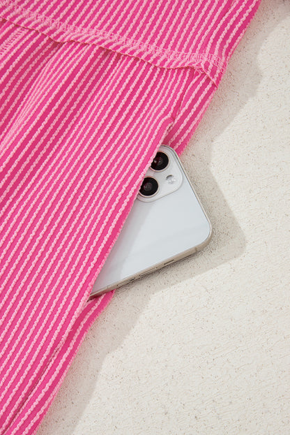 Bright Pink Spiral Ribbed Short Sleeve V Neck Buttoned Romper with Pocket