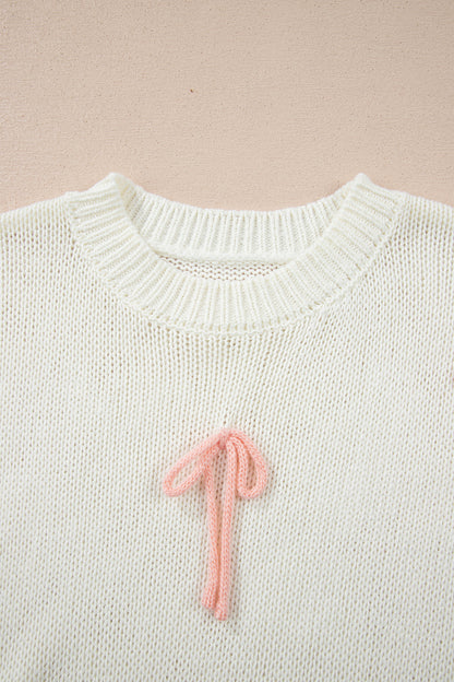 White Short Sleeve Knit Contrast Bow Knot Loose Sweater