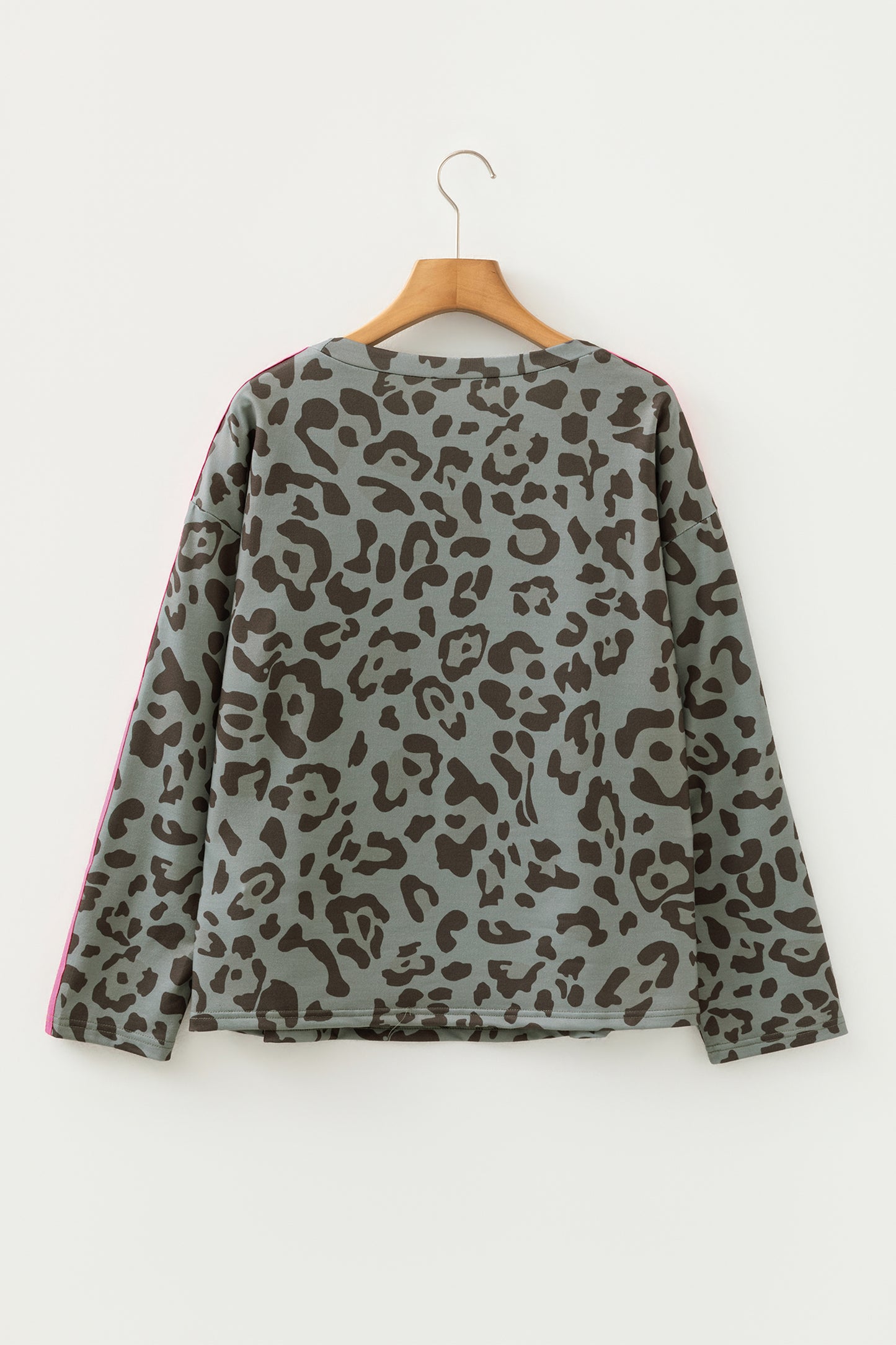Gray Leopard Print Varsity Striped Trim Long Sleeve Top