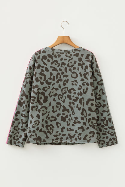 Gray Leopard Print Varsity Striped Trim Long Sleeve Top