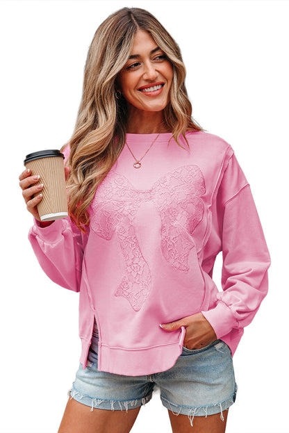 Bonbon Lace Insert Bow Embroidered Exposed Seam Sweatshirt