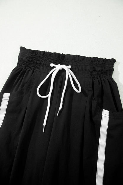 Bright Green Contrast Striped Smocked Waist Drawstring Cropped Casual Pants