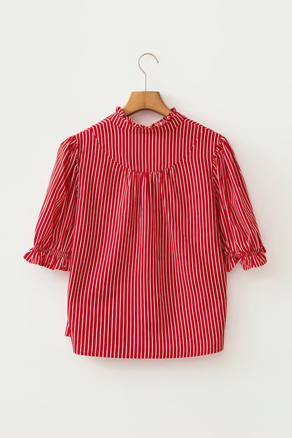 Red Stripe Ruffled Short Puff Sleeve Button Front Blouse