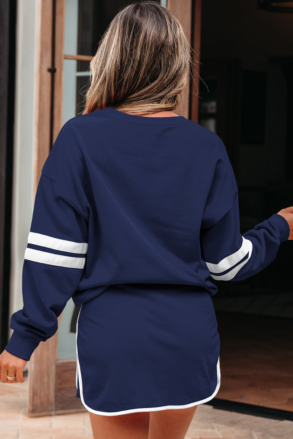Evergreen Varsity Stripe Detail Drop Shoulder Pullover Mini Skirt Set
