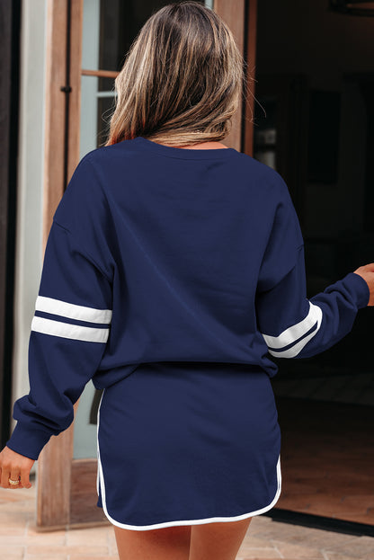 Evergreen Varsity Stripe Detail Drop Shoulder Pullover Mini Skirt Set
