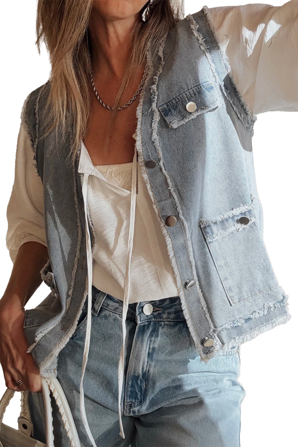 Beau Blue Frayed Edge Flap Pockets Denim Vest Jacket