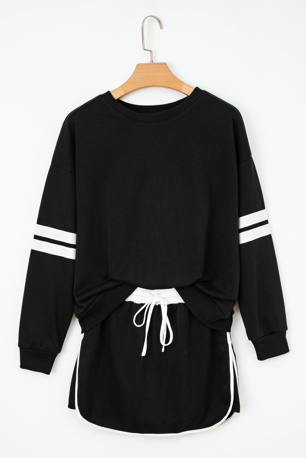 Evergreen Varsity Stripe Detail Drop Shoulder Pullover Mini Skirt Set
