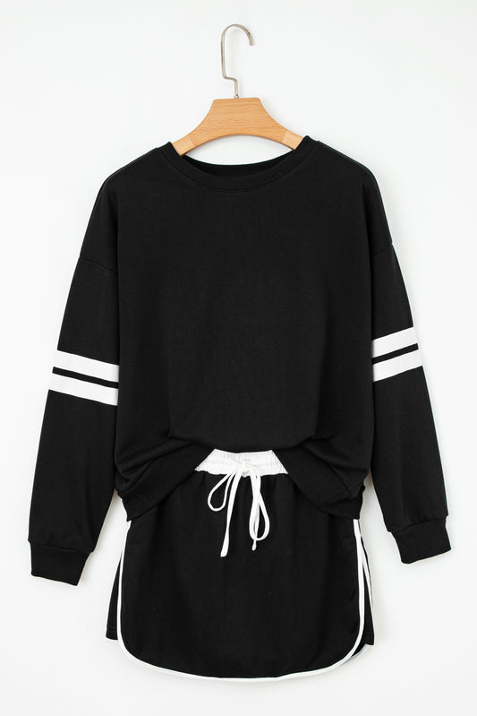 Evergreen Varsity Stripe Detail Drop Shoulder Pullover Mini Skirt Set
