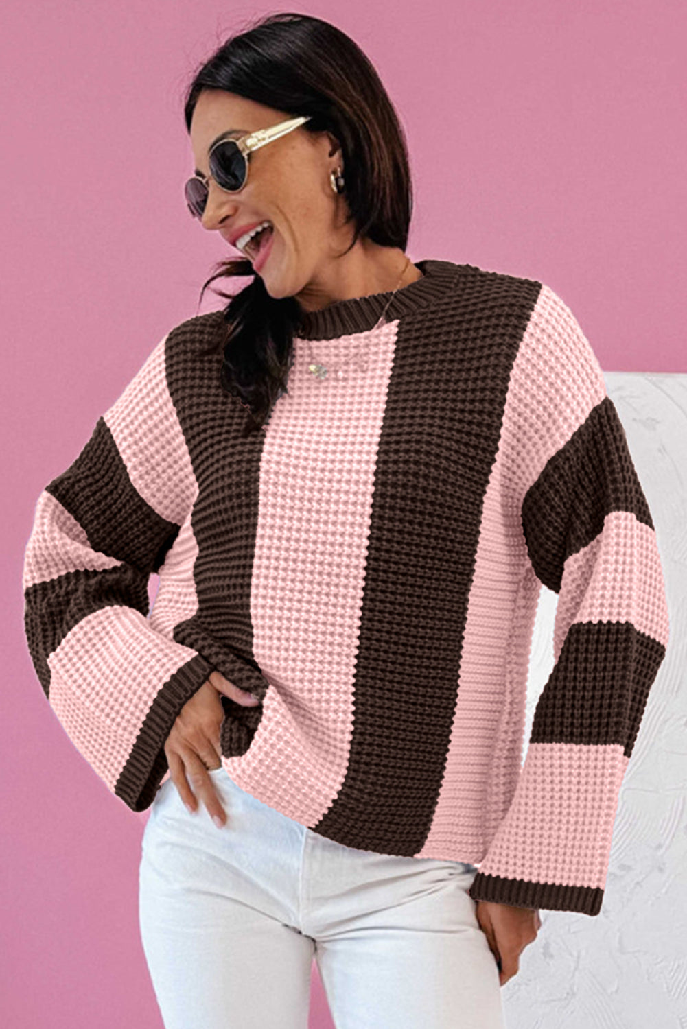 Fushia Striped Color Block Thermal Textured Knit Drop Shoulder Sweater