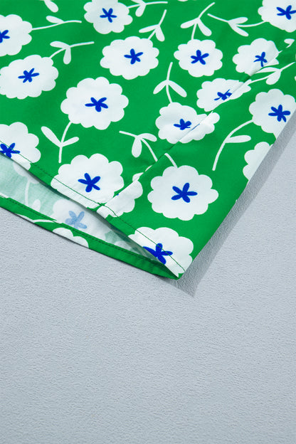 Green Flower Printed Contrast Patchwork Collar Short Sleeve Blouse