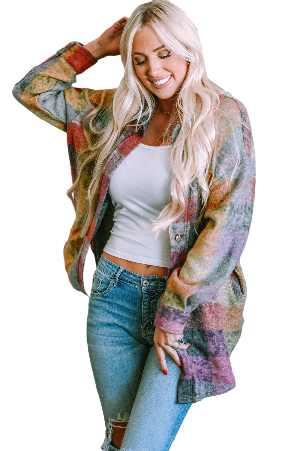 Multicolor Brushed Plaid Pocketed Oversize Shacket