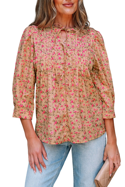 Light French Beige Floral Print Bow Pintuck Bust Half Puff Sleeve Blouse Top