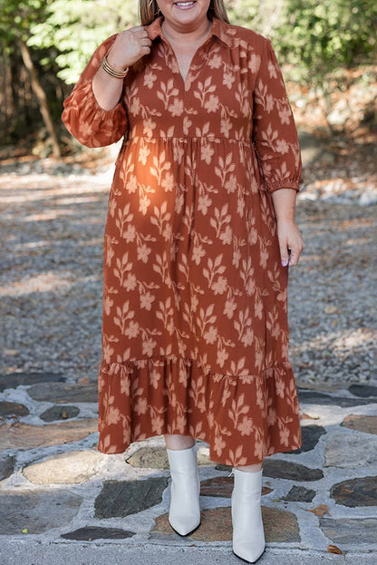 Cinnamon Plus Size Textured 3D Flower Pattern Ruffle Hem 3/4 Sleeve Long Dress
