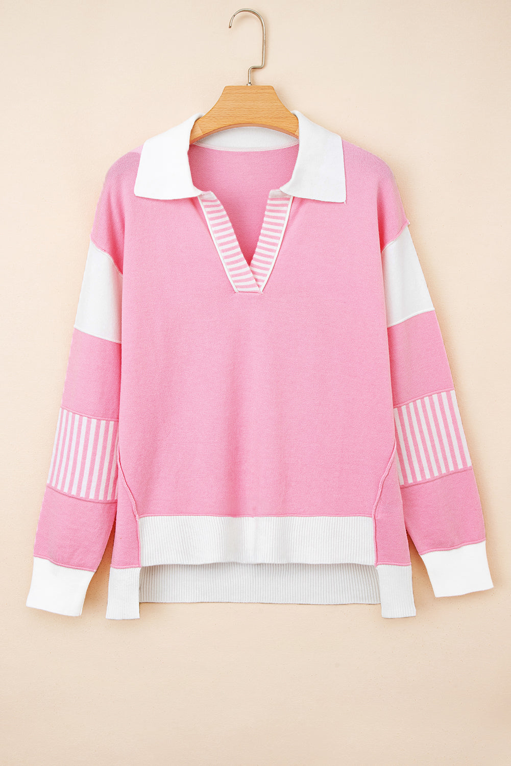 Sky Blue Stripe Contrasting Polo Collar Color Block Knit Drop Shoulder Sweater