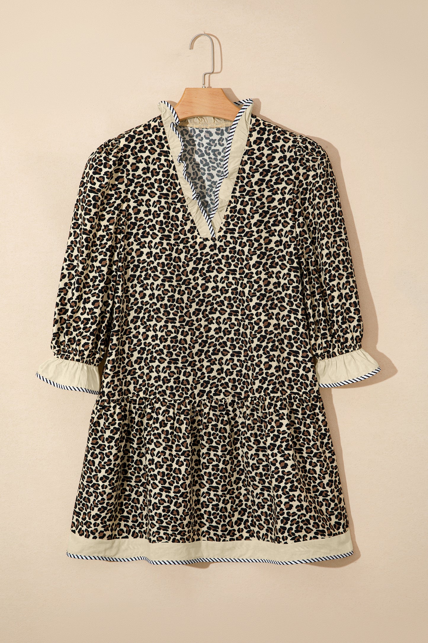 Black Leopard Print Striped Color Block Trim V Neck Bracelet Sleeve Mini Dress