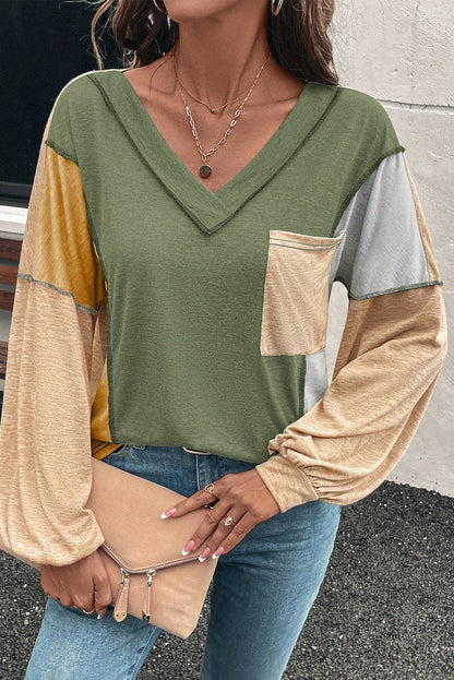 Four Leaf Clover Exposed Stitching Colorblock V Neck Long Sleeve Top