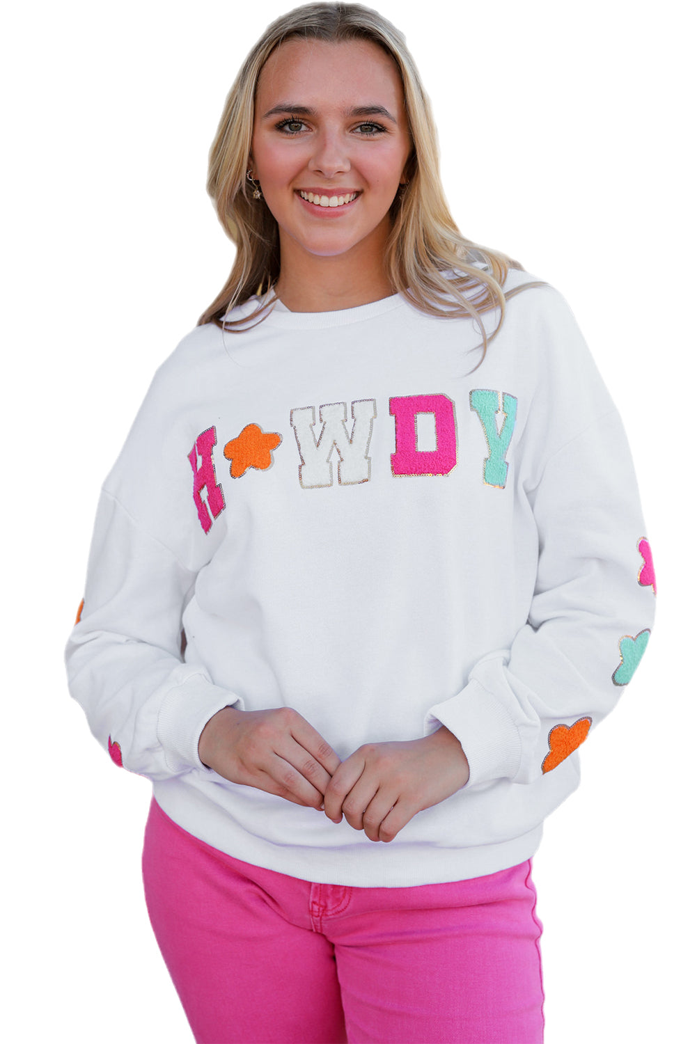 White Howdy Glitter Chenille Patch Graphic Casual Sweatshirt