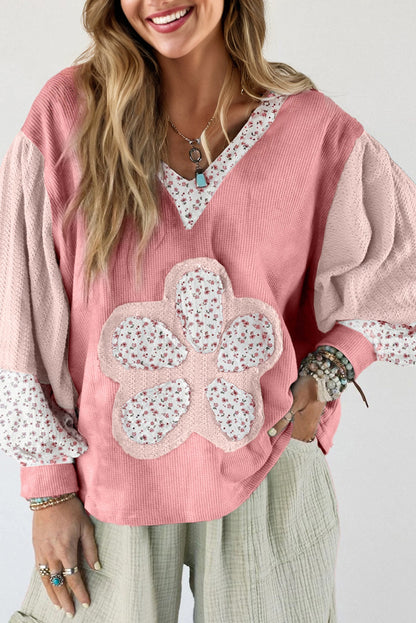 Pink Floral Patched Waffle Textured Colorblock V Neck Casual Hooded Top