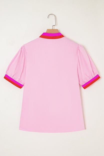 Pink Contrast Striped V Neck Collision Short Puff Sleeve Blouse