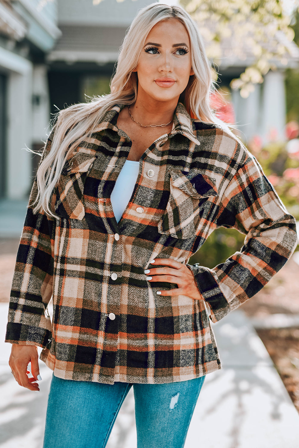 Pink Geometric Plaid Print Pocketed Shacket