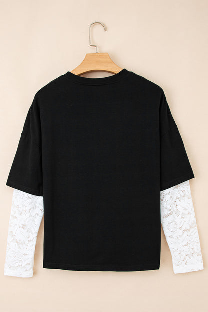 Black Lace Long Sleeve Insert Drop Shoulder Tee