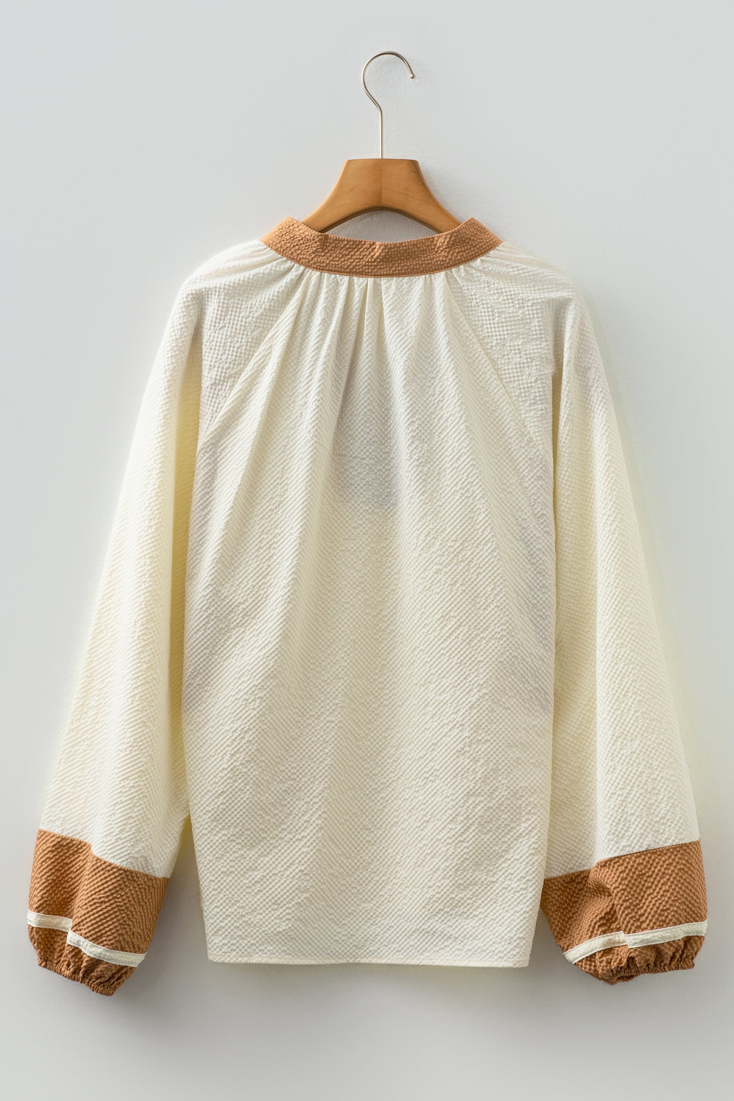 Black Color Block Patchwork Detail V Neck Textured Long Sleeve Blouse