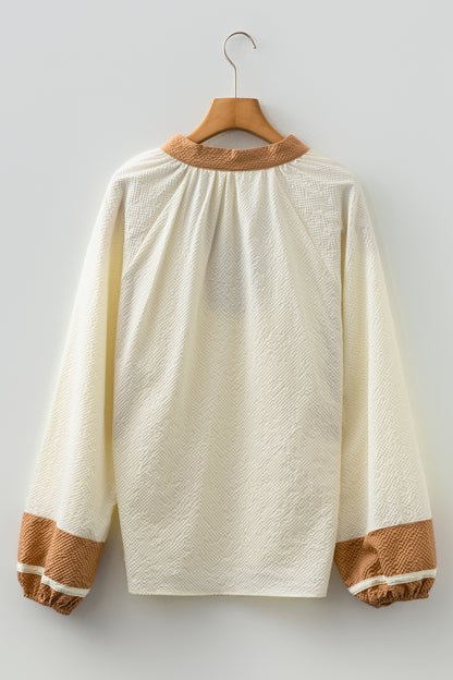 Black Color Block Patchwork Detail V Neck Textured Long Sleeve Blouse